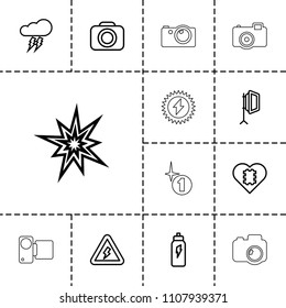 Flash icon. collection of 13 flash outline icons such as cpu in heart, explode, camera, soft box, voltage warning, energetic drink. editable flash icons for web and mobile.