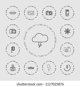 Flash icon. collection of 13 flash outline icons such as camera, camera lense, soft box, stopwatch camera, explosion, thunder. editable flash icons for web and mobile.
