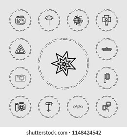 Flash icon. collection of 13 flash outline icons such as camera, cpu planet, soft box, camera lense, studio umbrella, studio lapm. editable flash icons for web and mobile.