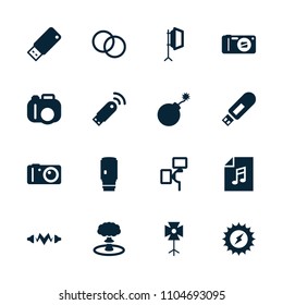 Flash icon. collection of 16 flash filled icons such as explosion, camera, soft box, camera lense, usb drive, usb signal. editable flash icons for web and mobile.
