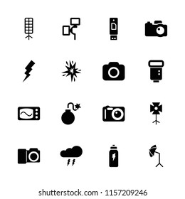 Flash icon. collection of 16 flash filled icons such as usb drive, camera, studio umbrella, soft box, energetic drink, thunderstorm. editable flash icons for web and mobile.