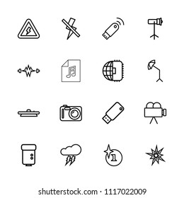 Flash icon. collection of 16 flash outline icons such as explosion, cpu planet, explode, electricity, camera lense, studio umbrella. editable flash icons for web and mobile.