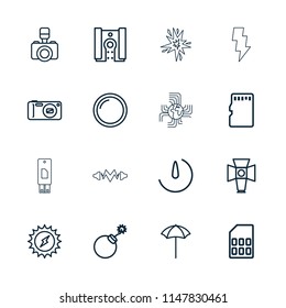 Flash icon. collection of 16 flash outline icons such as explosion, solar energy, camera, soft box, studio umbrella, camera lense. editable flash icons for web and mobile.