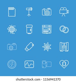 Flash icon. collection of 16 flash outline icons such as cpu in heart, cpu planet, electricity, camera, studio lapm, camera lense. editable flash icons for web and mobile.