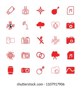 Flash icon. collection of 25 flash filled and outline icons such as explosion, camera, memory card with music, camera lense. editable flash icons for web and mobile.