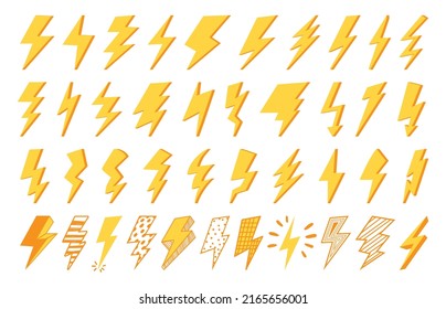 Flash icon. Lightning strike clipart symbol, electric power and electricity logo, nature thunderbolt yellow shape. Vector isolated thunder light pictogram set. Different zigzags for battery sign