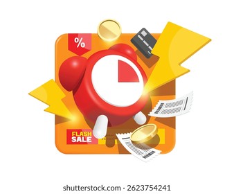 Flash icon or lightning strikes on the red alarm clock to notify the promotion period. Flash Sale Limited Time Promotion, vector 3d illustration isolated for online shopping advertising design 