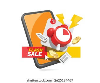 Flash icon or lightning strikes on the red alarm clock to notify the promotion period. Flash Sale Limited Time Promotion, vector 3d illustration isolated for online shopping advertising design 