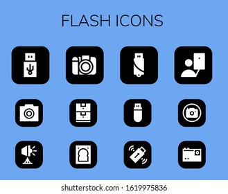 flash icon set. 12 filled flash icons.  Simple modern icons such as: Usb, Photo, Spotlight, Photo camera, Data storage, Hard drive, Pendrive, Selfie, Camera