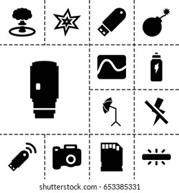 Flash icon. set of 13 filled flashicons such as explosion, flash drive, studio umbrella, camera lense, memory card, camera, no flash, energetic drink, usb signal