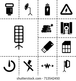 Flash icon. set of 13 filled flash icons such as studio umbrella, soft box, usb drive, stopwatch camera, camera, voltage warning, energetic drink, memory card, dynamite
