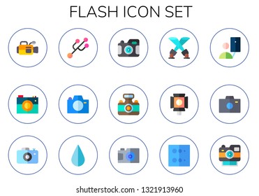 flash icon set. 15 flat flash icons.  Simple modern icons about  - camera, usb, photo camera, spotlight, selfie, blur