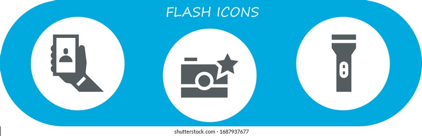 flash icon set. 3 filled flash icons.  Simple modern icons such as: Selfie, Photo camera, Flashlight