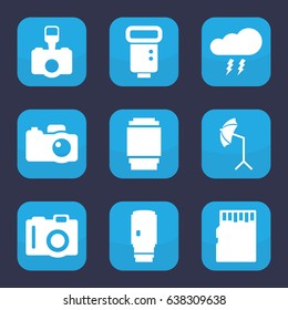 Flash icon. set of 9 filled flash icons such as camera, camera flash, studio umbrella, camera lense, thunderstorm
