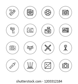 Flash icon set. collection of 16 outline flash icons with camera, exposure, flash, flashlight, photo camera, photo, photos, spotlight, sticks icons.