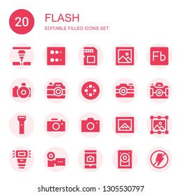 flash icon set. Collection of 20 filled flash icons included Laser, Blur, Memory card, Image, Flash, Photo camera, Camera, Flashlight, Camera Hard disk