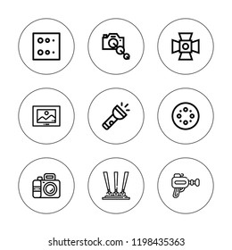 Flash icon set. collection of 9 outline flash icons with blur, camera lens, camera, flashlight, laser, image icons. editable icons.