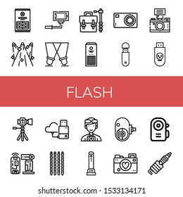 flash icon set. Collection of Sticks, Spotlights, Selfie, Spotlight, Camera bag, Compact camera, Usb, Camera, Flash, Flash drive, Photographer, Flashlight, Amateur icons
