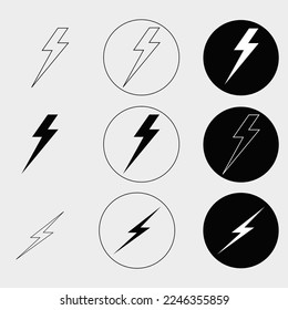 Conjunto de iconos de Flash. Elemento de diseño del logotipo del vector de potencia eléctrica de relámpago. El concepto de símbolo de energía y de electricidad trueno. El tornillo de flash se inicia en el círculo. Plantilla de emblema de vector de flash. Velocidad rápida de energía