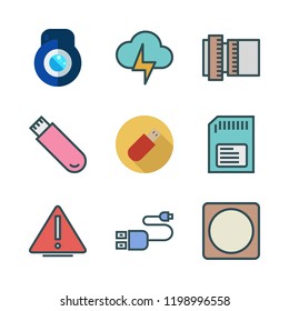 flash icon set. vector set about warning, memory card, pendrive and light bolt icons set.
