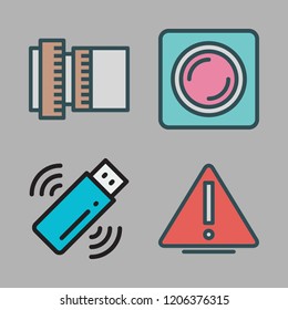 flash icon set. vector set about warning, pendrive and lens icons set.