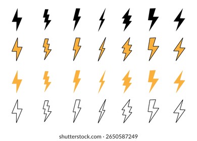 flash icon vector set. Various lightning bolt designs in black, orange, and line displayed on a light background