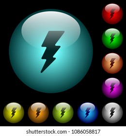 Flash icons in color illuminated spherical glass buttons on black background. Can be used to black or dark templates