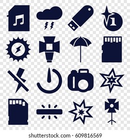 Flash icons set. set of 16 flash filled icons such as explosion, memory card with music, soft box, studio umbrella, memory card, stopwatch camera, camera, thunderstorm