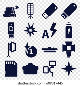 Flash icons set. set of 16 flash filled icons such as explosion, soft box, camera lense, memory card, usb drive, energetic drink, dynamite