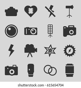 Flash icons set. set of 16 flash filled icons such as explosion, camera, camera lense, soft box, studio lapm, solar energy