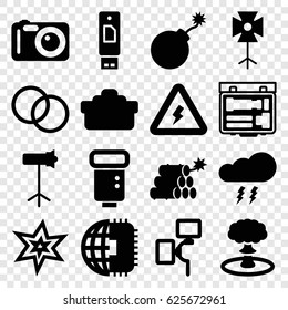 Flash icons set. set of 16 flash filled icons such as explosion, camera flash, camera lense, soft box, studio lapm, camera, voltage warning, thunderstorm, dynamite, CPU planet