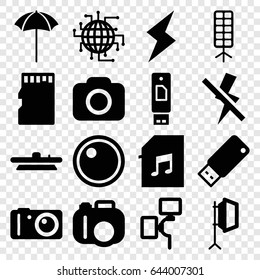 Flash icons set. set of 16 flash filled icons such as memory card with music, camera, camera lense, studio umbrella, soft box, memory card, usb drive