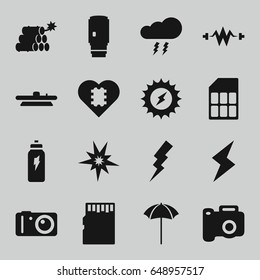 Flash icons set. set of 16 flash filled icons such as flash, camera, camera lense, studio umbrella, energetic drink, thunderstorm, memory card, dynamite, solar energy
