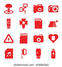 Flash icons set. set of 16 flash filled icons such as camera, memory card with music, soft box, camera lense, camera flash, memory card, voltage warning, energetic drink
