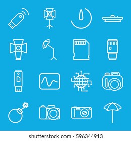 flash icons set. Set of 16 flash outline icons such as explosion, camera, soft box, camera lense, studio umbrella, memory card, stopwatch camera, usb signal, CPU planet