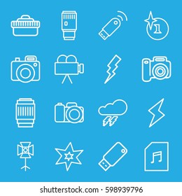 flash icons set. Set of 16 flash outline icons such as thunder, explosion, flash, memory card with music, camera, camera lense, soft box, usb drive