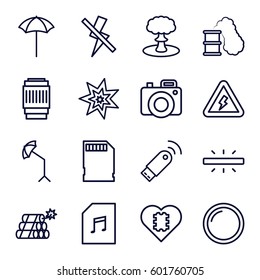 flash icons set. Set of 16 flash outline icons such as memory card with music, studio umbrella, camera lense, memory card, camera, no flash, voltage warning, usb signal