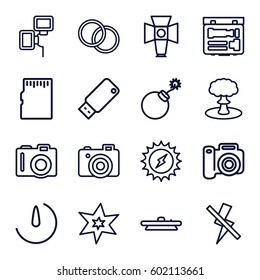 flash icons set. Set of 16 flash outline icons such as camera, explosion, soft box, camera lense, usb drive, memory card