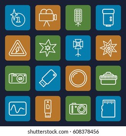 Flash icons set. set of 16 flash outline icons such as explosion, camera, camera flash, camera lense, soft box, usb drive, voltage warning, memory card