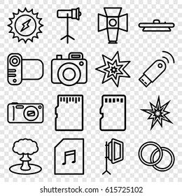 Flash icons set. set of 16 flash outline icons such as camera, memory card with music, soft box, camera lense, studio lapm, memory card, usb signal, explosion, solar energy