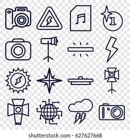 Flash icons set. set of 16 flash outline icons such as explosion, memory card with music, camera, soft box, camera lense, studio lapm, flash, voltage warning, thunderstorm