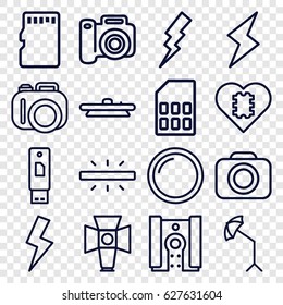 Flash icons set. set of 16 flash outline icons such as flash, camera, soft box, camera lense, studio umbrella, memory card, CPU in heart