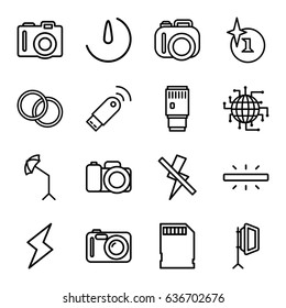 Flash icons set. set of 16 flash outline icons such as camera, explosion, studio umbrella, soft box, camera lense, memory card, stopwatch camera, usb signal