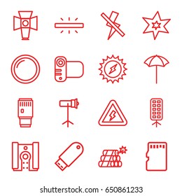 Flash icons set. set of 16 flash outline icons such as explosion, camera, soft box, studio umbrella, studio lapm, camera lense, memory card, voltage warning, dynamite