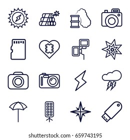 Flash icons set. set of 16 flash outline icons such as camera, studio umbrella, soft box, memory card, thunderstorm, dynamite, explosion, smoking can, solar energy