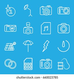 Flash icons set. set of 16 flash outline icons such as camera, explosion, flash, memory card with music, studio umbrella, camera lense, stopwatch camera, memory card, dynamite