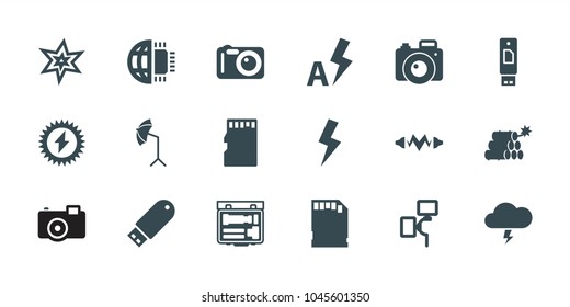 Flash icons. set of 18 editable filled flash icons: explosion, usb drive, studio umbrella, camera, memory card, dynamite, thunder, solar energy, cpu planet