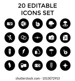 Flash icons. set of 20 editable filled flash icons such as explosion, electricity, usb drive, camera, studio umbrella, soft box. best quality flash elements in trendy style.