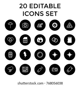 Flash icons. set of 20 editable filled and outline flash icons such as camera, solar energy, camera lense, memory card, explosion, cpu in heart, studio umbrella, usb drive