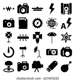 Flash icons set. set of 25 flash filled icons such as explosion, camera, soft box, camera lense, studio umbrella, studio lapm, memory card, stopwatch camera, solar energy